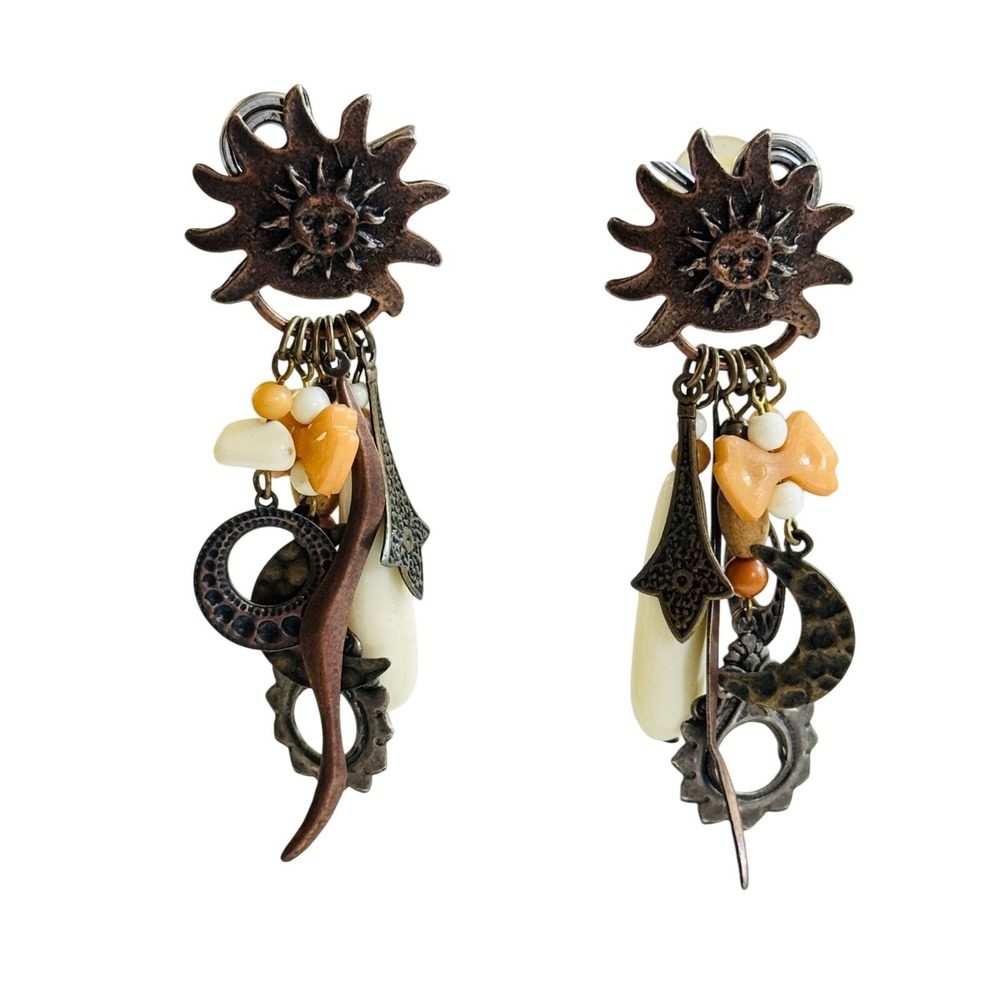 VTG Runway Charm Sun Earrings Waterfall Beaded Dangle 90s BOHO Pierced Cluster
